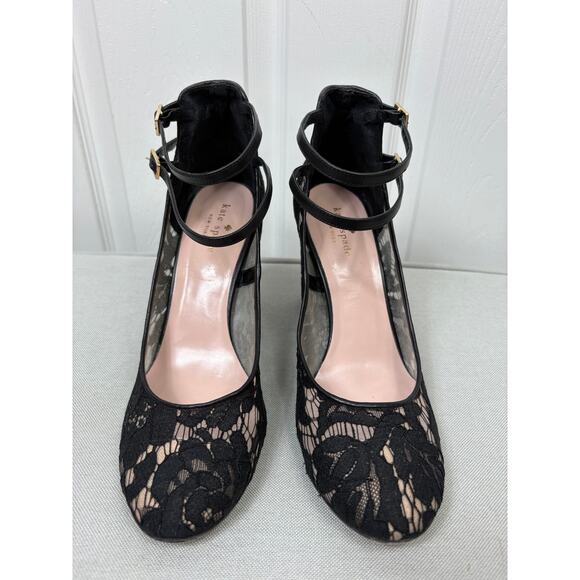 Kate Spade Black Lace Double Strap Chunky Heels - Size 10 - Picture 3 of 11